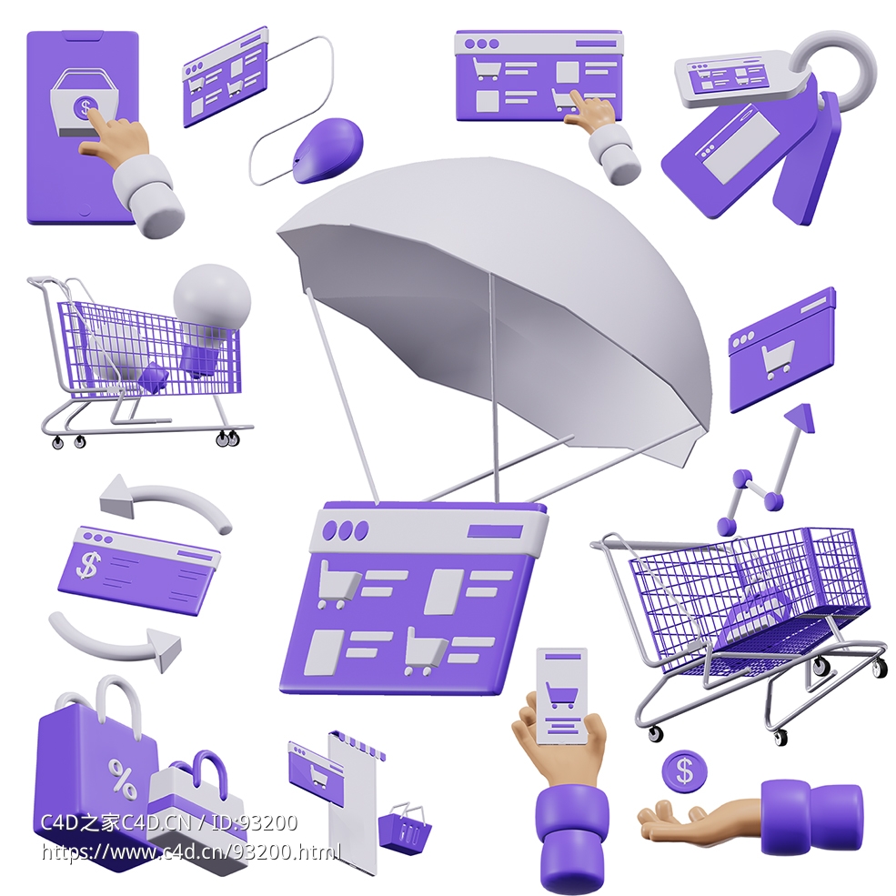 电子商务网络购物3D卡通图标模型合集，含13个高质量互联网电商场景三维素材，适用于UI界面美化与产品展示Market 3D Pack