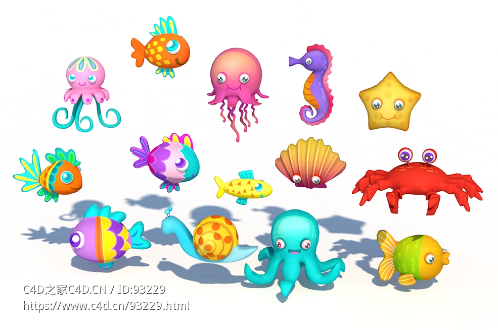 14个可爱卡通风格三维海洋动物角色3D模型素材合集含章鱼鱼类海马海星螃蟹贝壳等丰富形象资源下载Marine Animals 3D model