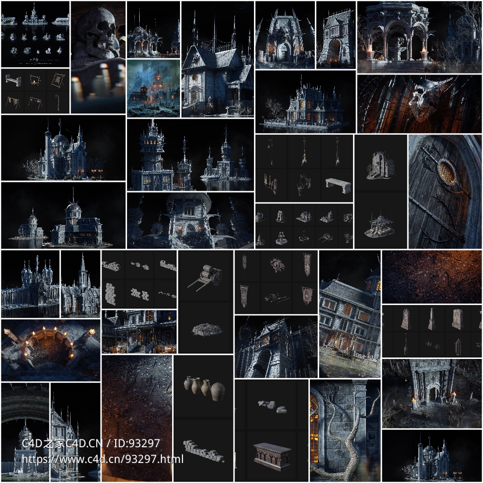超真实黑暗欧洲哥特式古堡墓地场景3D模型套装 幽灵恐怖奇幻建筑资产KitBash3D Ghost Realm下载