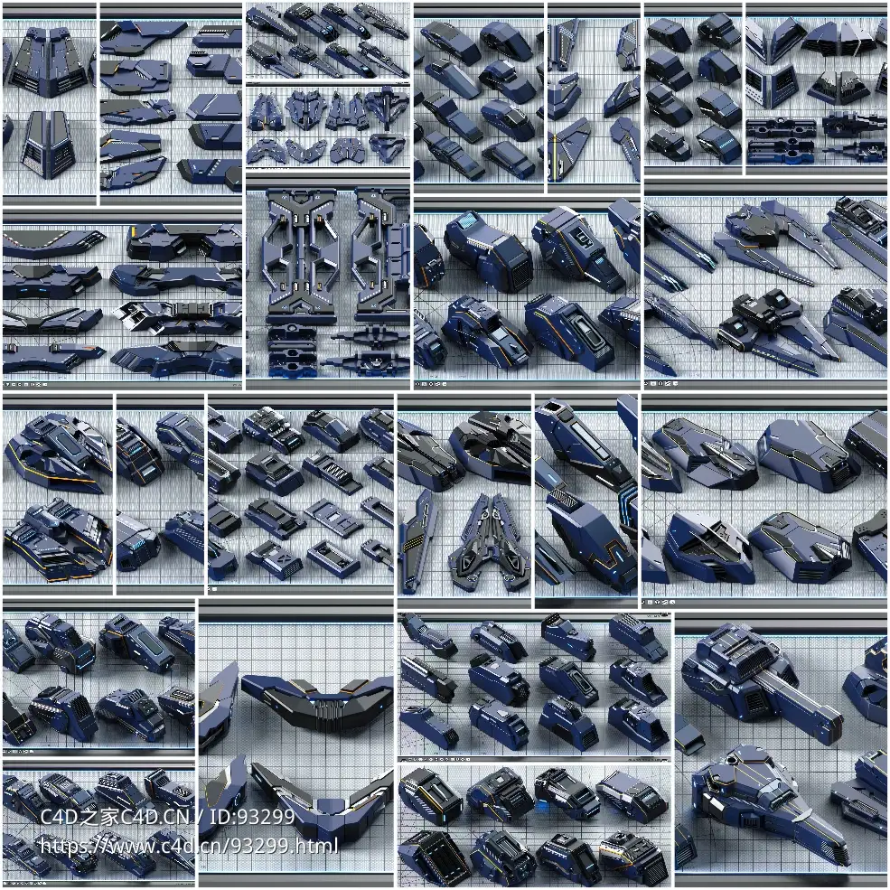 350件高精度科幻宇宙飞船硬面机甲KITBASH零件C4D/OBJ/Blender格式3D模型资产免费下载Artstation - SPACESHIP Hard Surface KITBASH 350 DETAILS