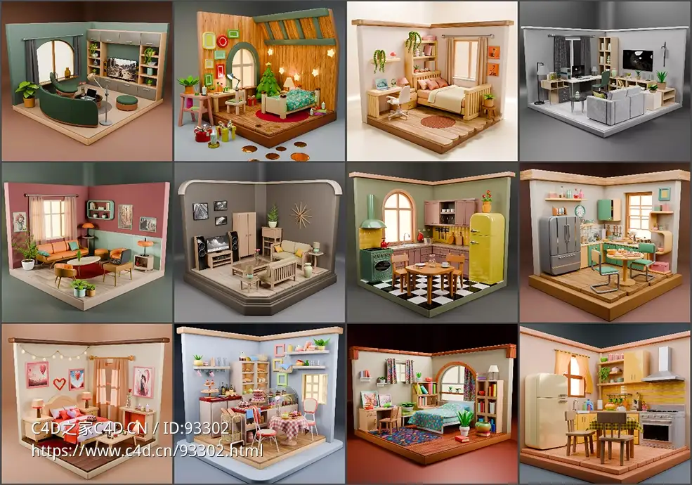 低多边形微型室内电商场景3D模型资产 CGTrader – Isometric Rooms Collection Bedrooms Kitchens Living Rooms Low-poly 3D model
