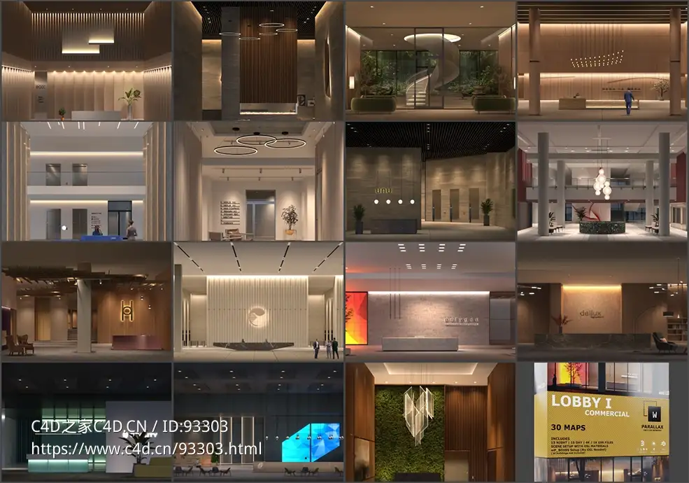商业大堂室内环境3D视差贴图 wParallax Lobby 1 – One-Click-Interiors for Archviz