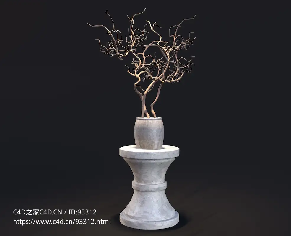 干枝插花装饰枯枝花盆装饰C4D模型下载
