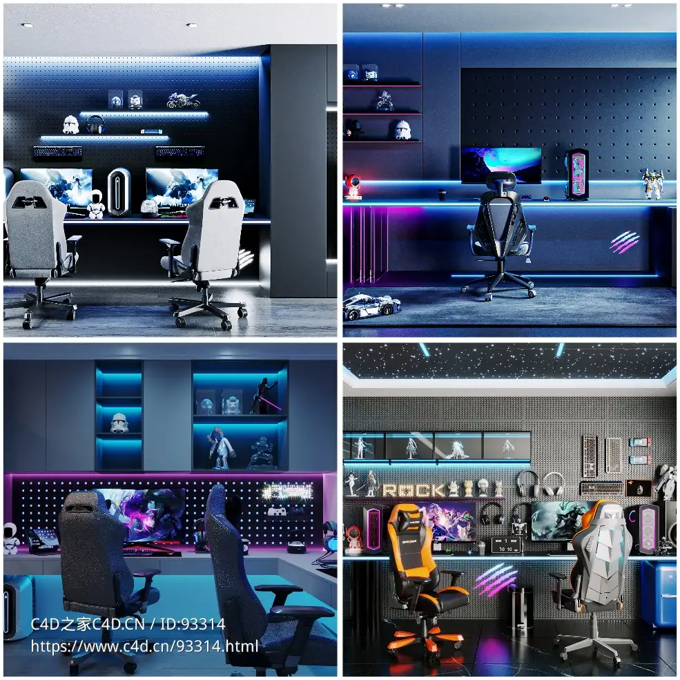 极致未来科技感现代风格电竞房桌椅与电脑设备全套3D模型资产含贴图适用多平台高精度场景Esport Gaming Collection 01