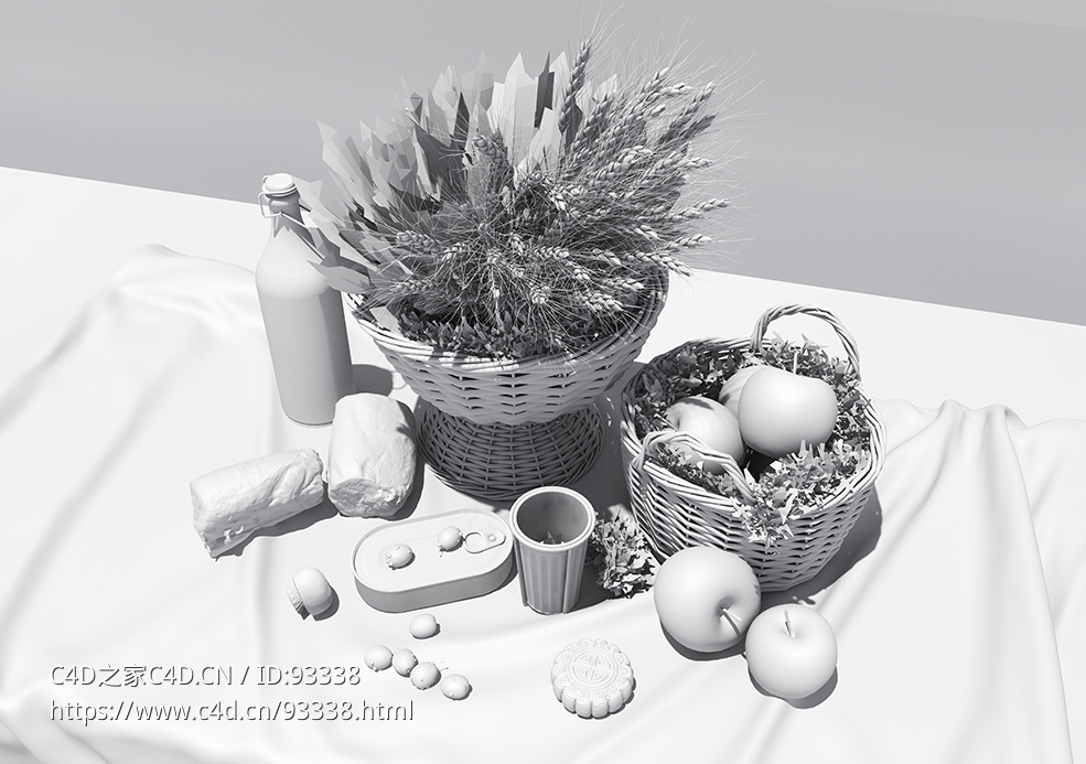 食物静物沉浸模型小麦苹果月饼果篮C4D模型