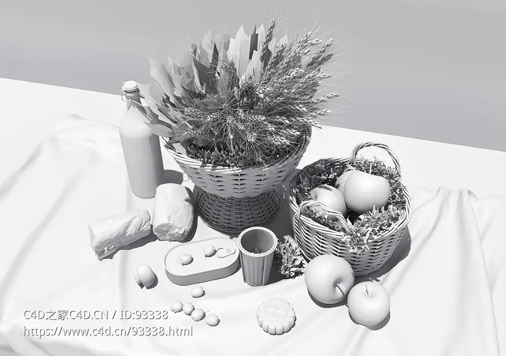 食物静物沉浸模型小麦苹果月饼果篮C4D模型