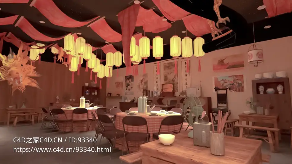 八十年代主题餐厅怀旧风复古龙头灯餐饮饭店C4D模型