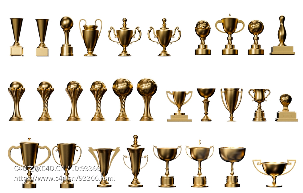 30个经典奖杯3D模型大全 金色高光细节精美 适用于体育赛事企业表彰建模渲染下载3D model of golden honor trophy