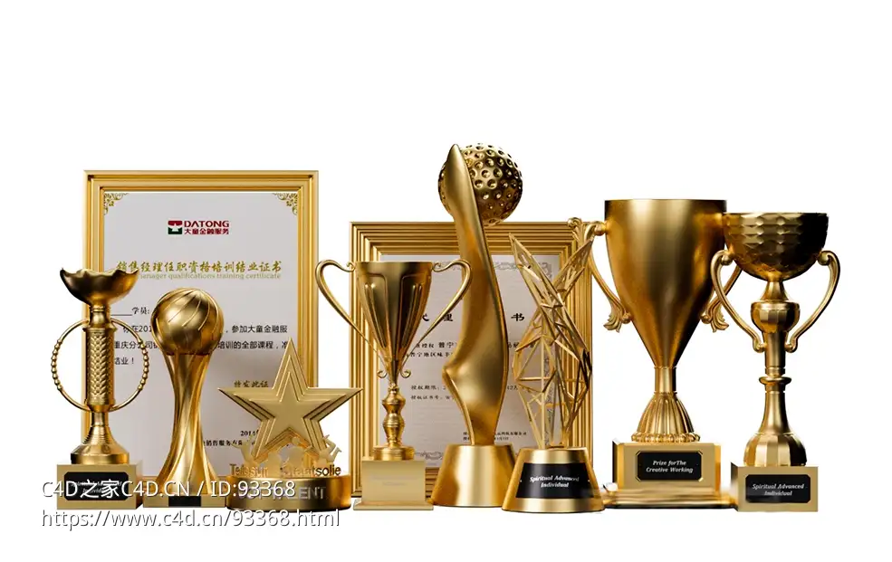 10个高精度金色奖杯与荣誉证书3D模型合集，支持C4D FBX OBJ多格式免费下载3D model of golden honor trophy