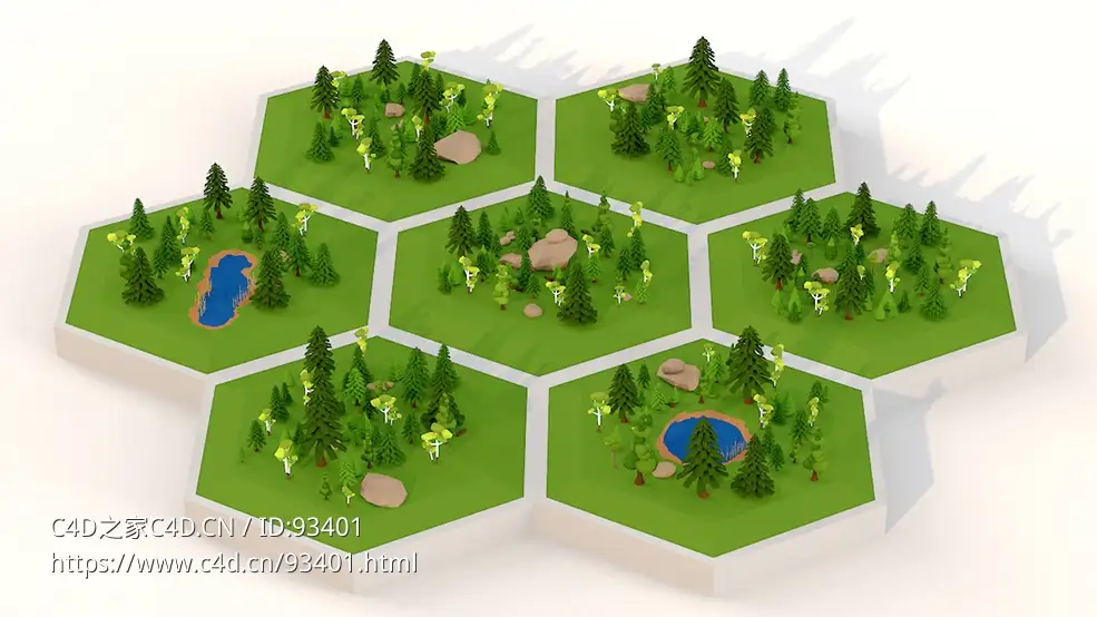 低面多边形六边形模块化3D森林公园树林场景