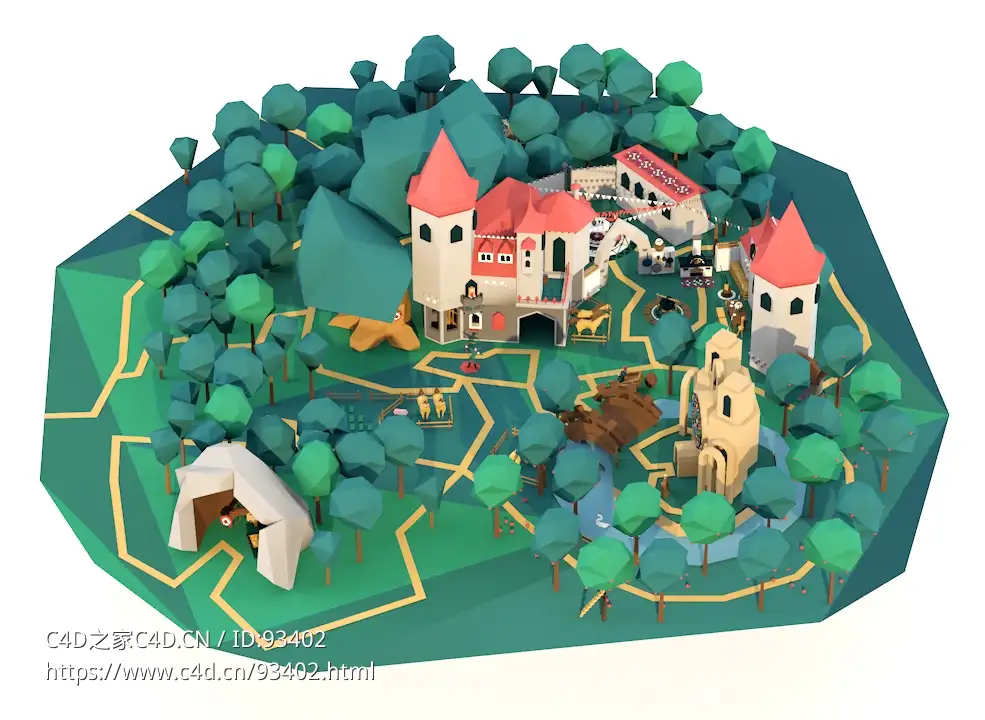 低面多边形中世纪庄园3D森林公园树林场景