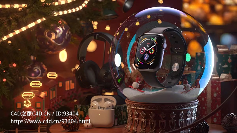 圣诞礼物水晶球音乐盒中的苹果手表Apple Watch C4D OC工程