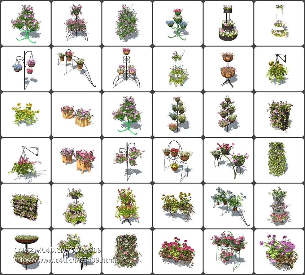 园林景观室内外装饰多层立体花坛花架花盆组合3D模型FBX C4D高精度素材下载iFlowers 3D Model