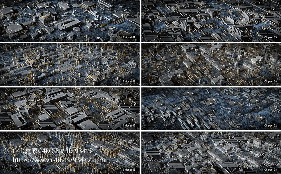 CPU主板配件元素3D模型资产预设 Greeble Town – Binary Frame Computer Mainboards