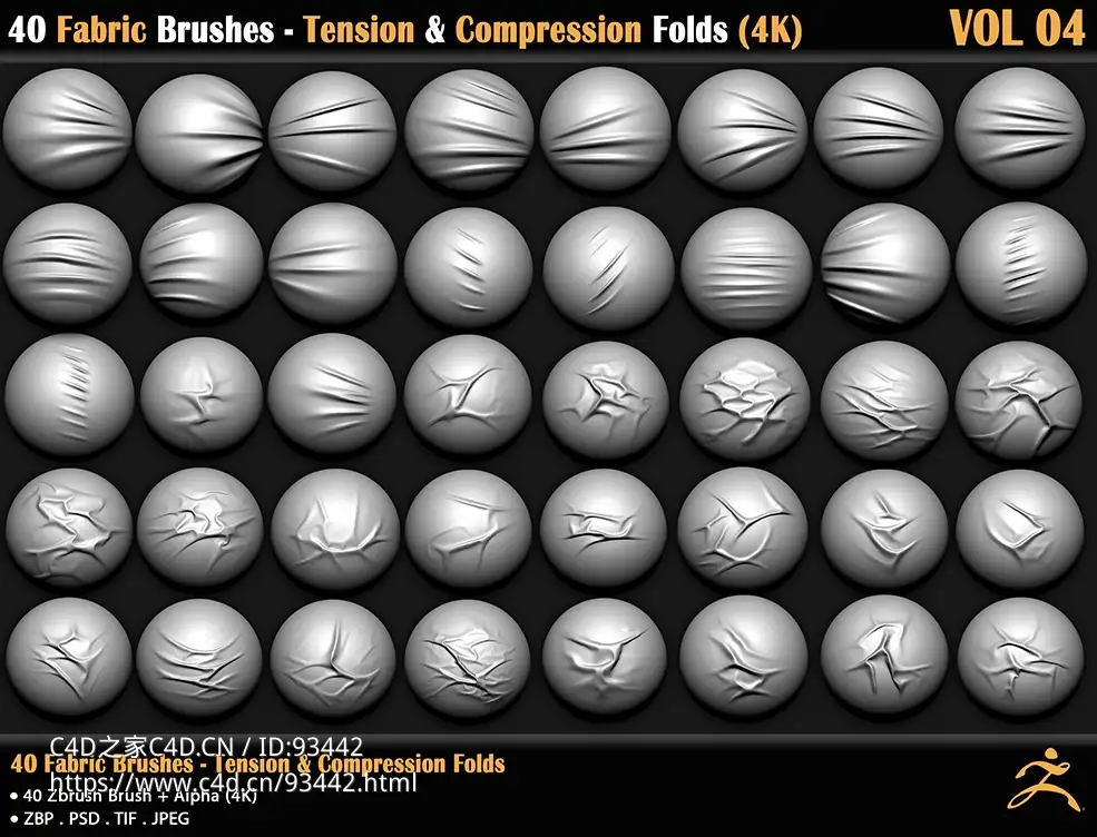 Artstation 40组ZBrush+Substance夹克牛仔布料张力褶皱笔刷材质预设40 Fabric Brushes - Tension & Compression Folds