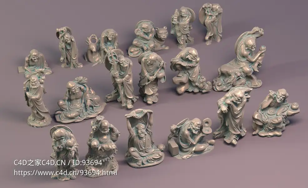 中国传统佛教十八罗汉寺庙雕塑3D模型高精度数字资产下载合集（含.c4d .fbx .max .obj多格式）