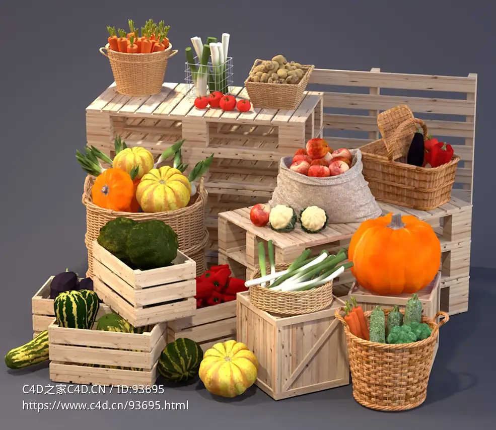 高精度农产品蔬菜水果篮筐木箱3D模型合集下载支持C4D SKP FBX OBJ多格式农业市场场景陈列搭建