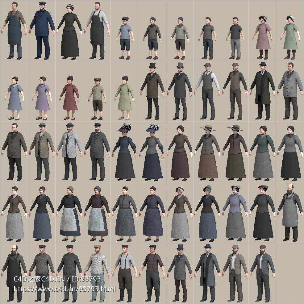 中世纪欧洲人物小孩妇女中年人带骨骼三维3D模型