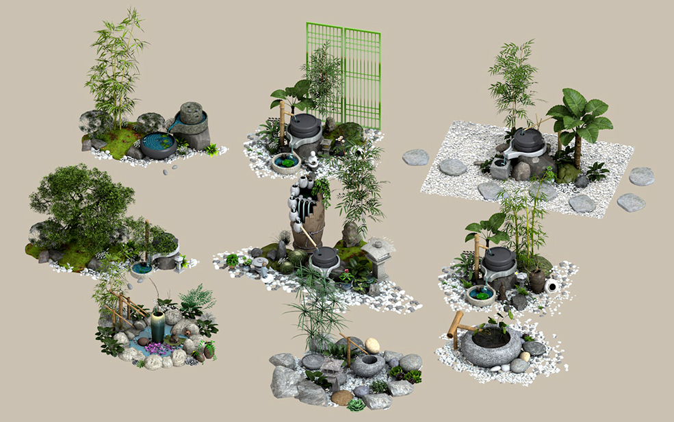 新中式庭院水景小品3D模型合集含贴图材质支持C4D/FBX/OBJ/SKP格式