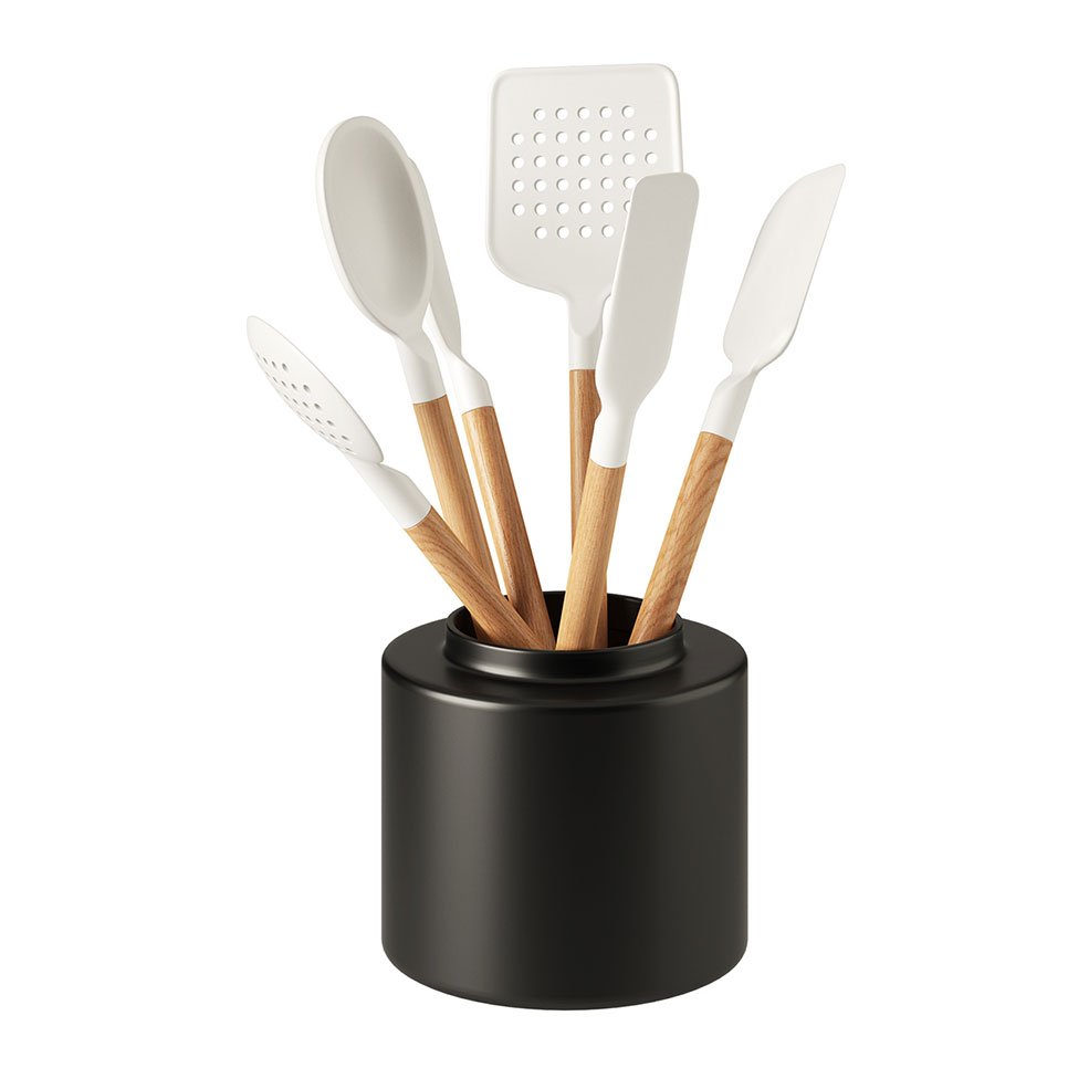 木柄硅胶厨具套装家居厨房用品3D模型素材下载White Silicone & Wood Utensils by Crat