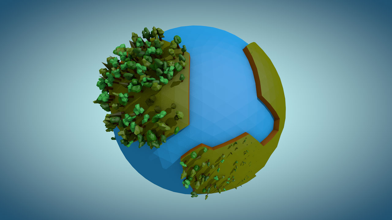 C4D低面多边形地球旋转树木生长动画工程文件 Low Poly Planet