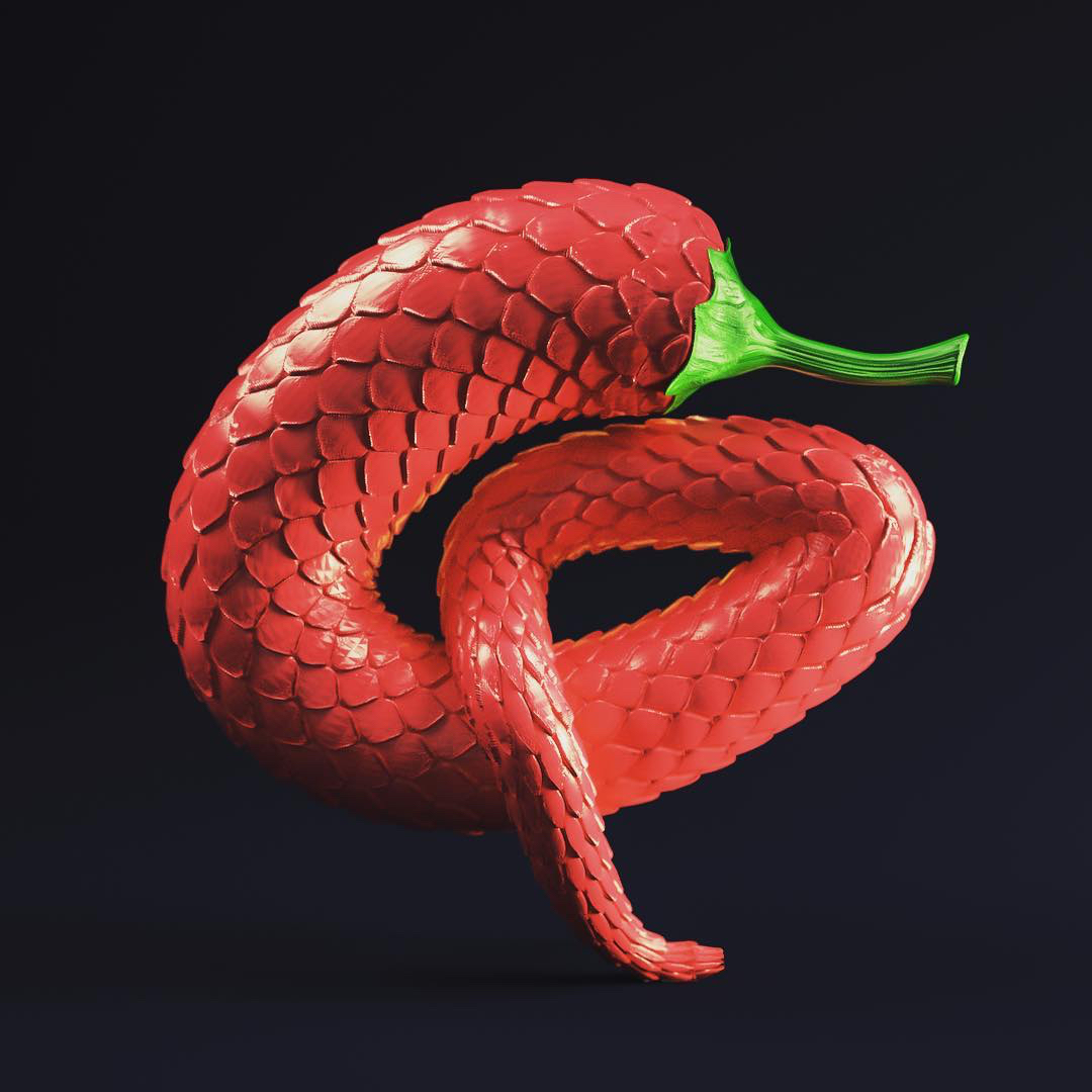 C4D制作一个长满鳞片的蛇型辣椒 TUTORIAL CINEMA 4D - 3D TYPE SNAKE CHILLI