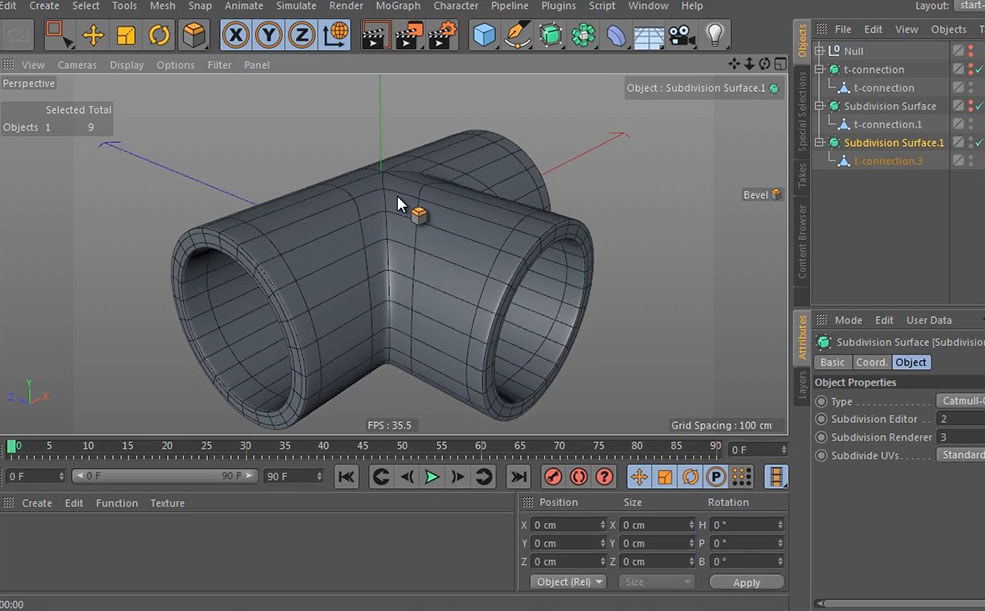 C4D建模技巧：T型三通管连接视频教程 Modeling a t-connection pipe in Cinema 4D