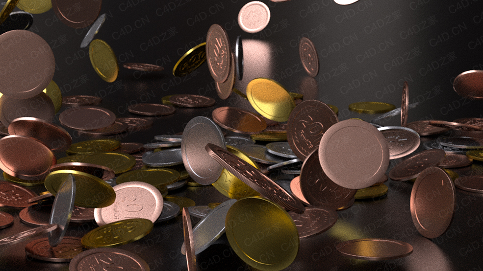 C4D corona渲染器：硬币掉落动画工程 coin drop corona