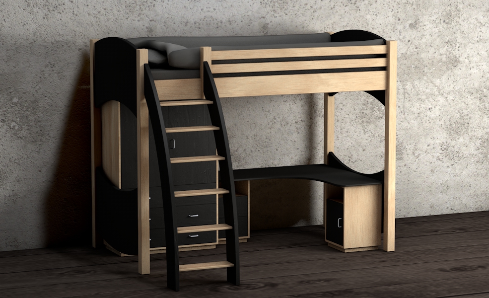 带书桌的双层儿童床（黑色）C4D模型 High Sleeper Work Station