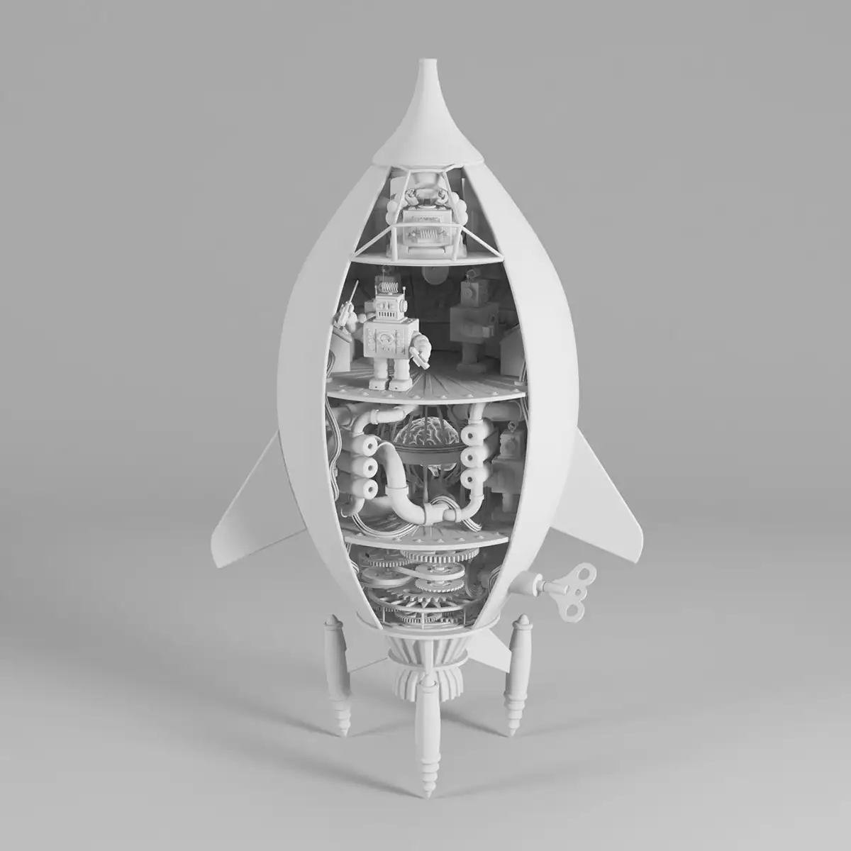 C4D精细的火箭内脏模型渲染