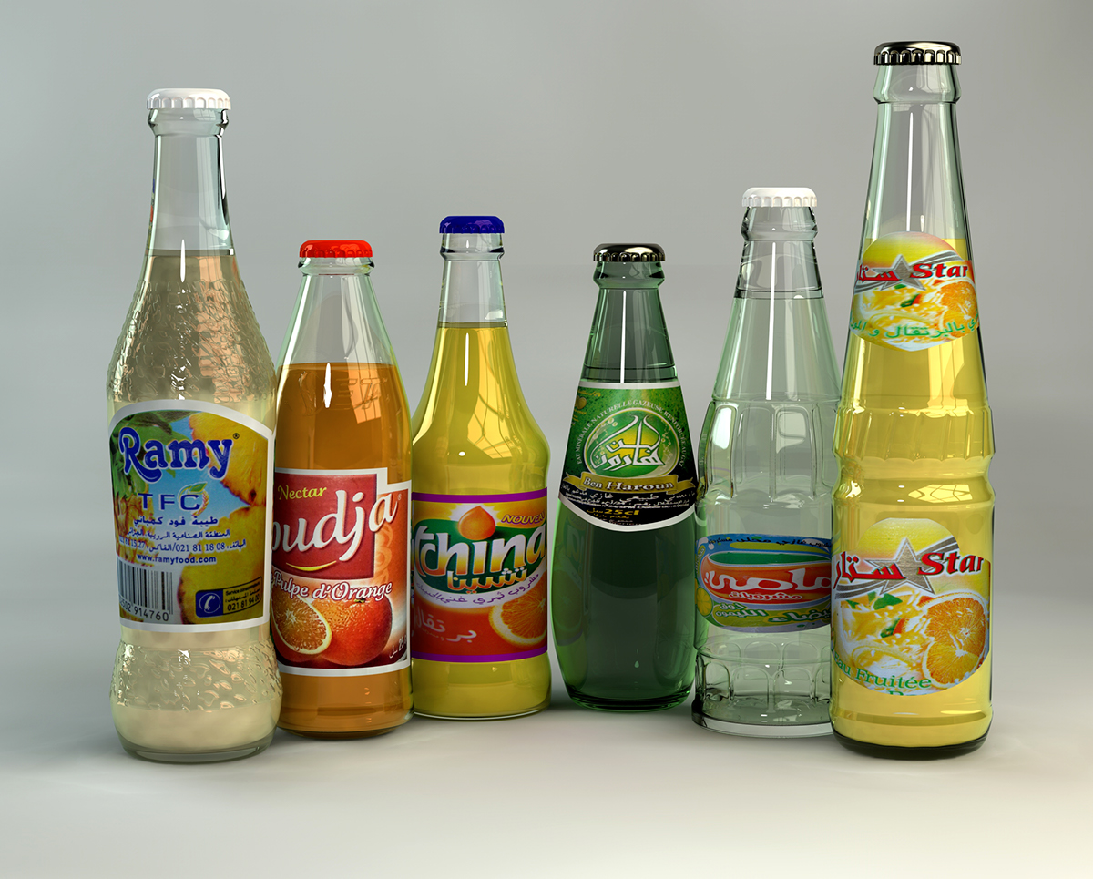C4D玻璃饮料瓶渲染 3D bottles modeling