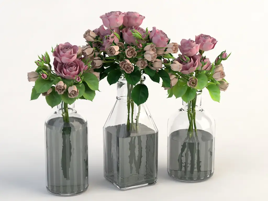 月季花插花花瓶C4D模型 Rose flower arrangement