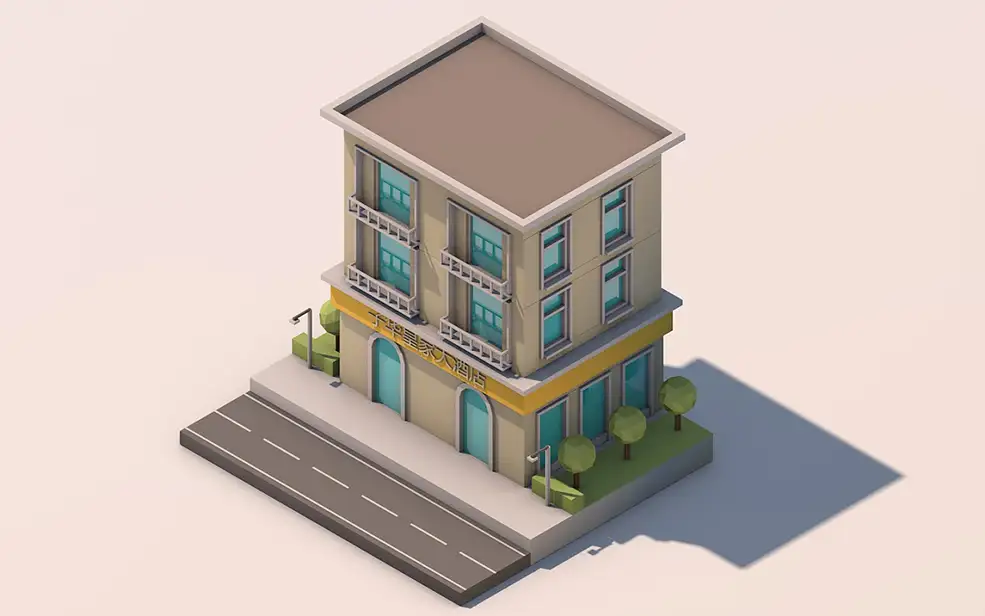 卡通房子 商铺 居民楼 临街房子 商品房 三层楼房C4D模型 Cartoon house c4d model