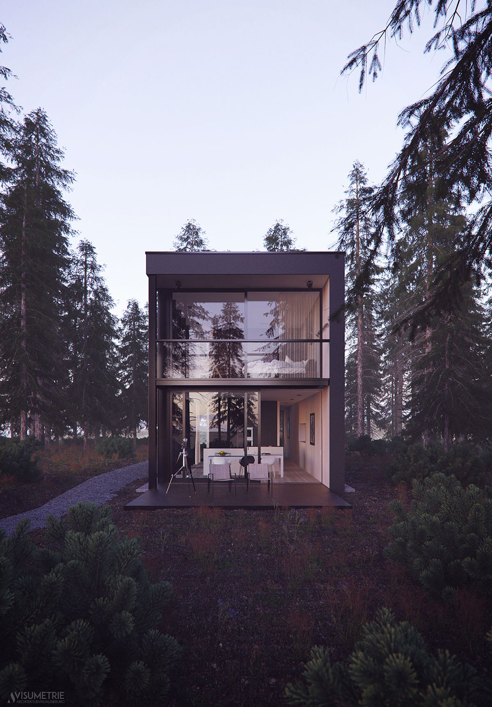 C4D树林中的时尚别墅建筑渲染作品欣赏 Black Box - Full CGI