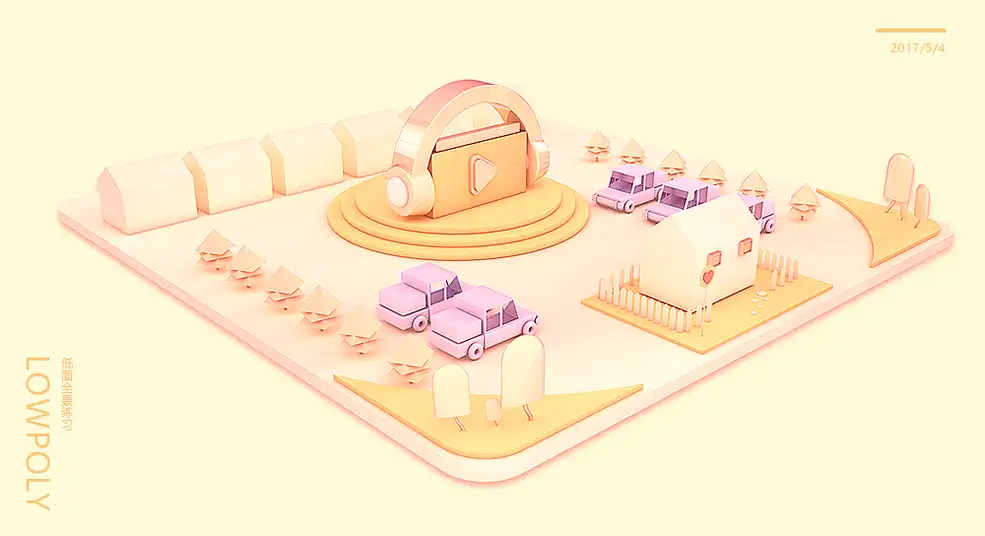 C4D低面卡通音乐广场场景模型（耳机 汽车 房子） - C4D之家 - 未标题-1.jpg