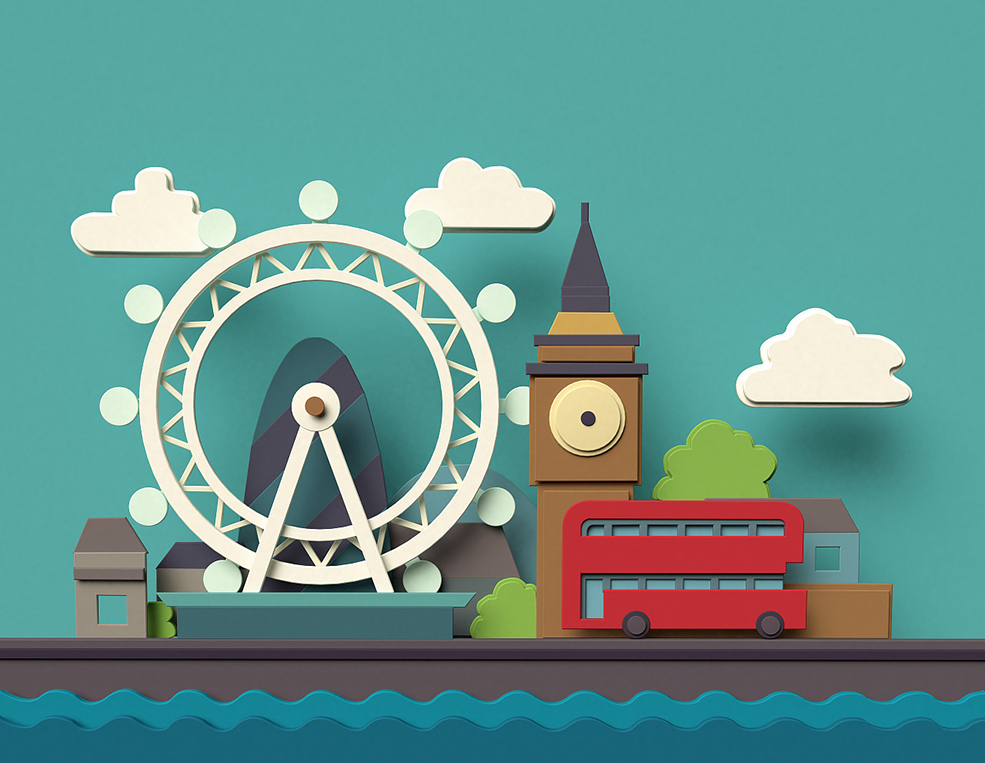 卡通城市C4D模型(摩天轮 双层巴士)