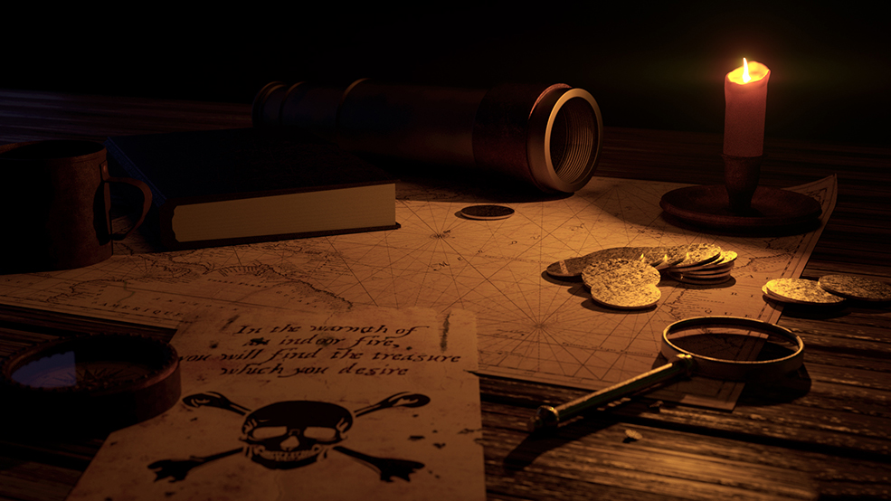 C4D Octane Renderer海盗船长的小屋场景模型（望远镜 航海图 放大镜 蜡烛）