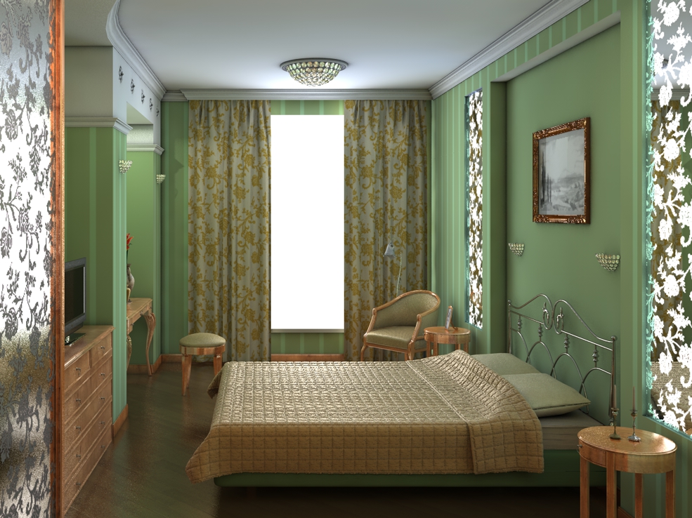 C4D室内模型：绿色卧室渲染模型 Bedroom rendering model