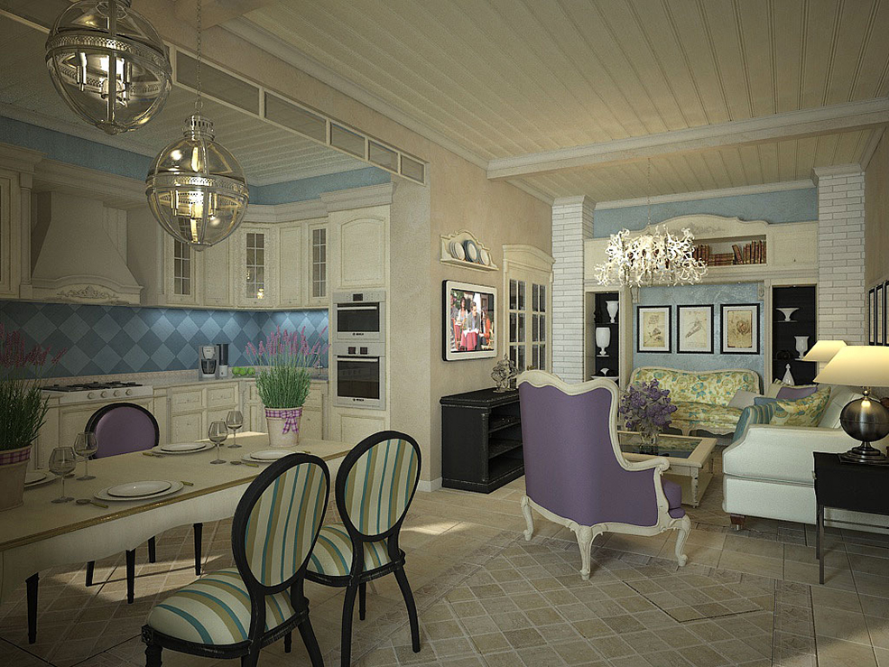 C4D室内模型：地中海风格客厅 餐厅渲染 Kitchen provans