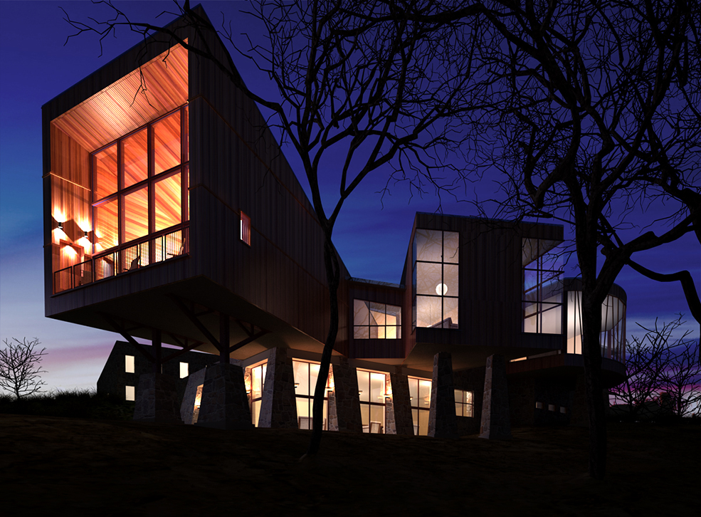 C4D室外建筑模型渲染 别墅夜景C4D模型 Night view of villas