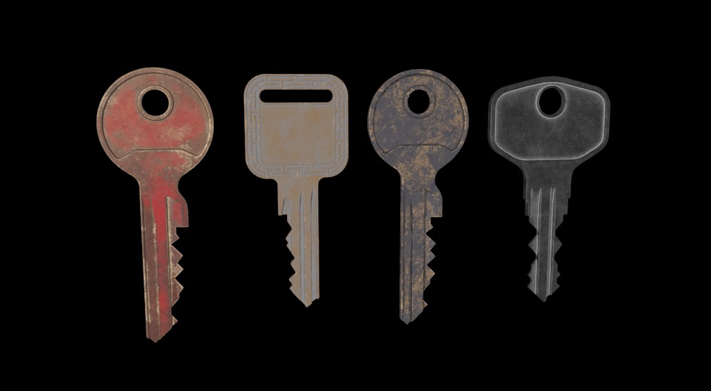 4把破损划痕的生锈钥匙C4D模型 Key
