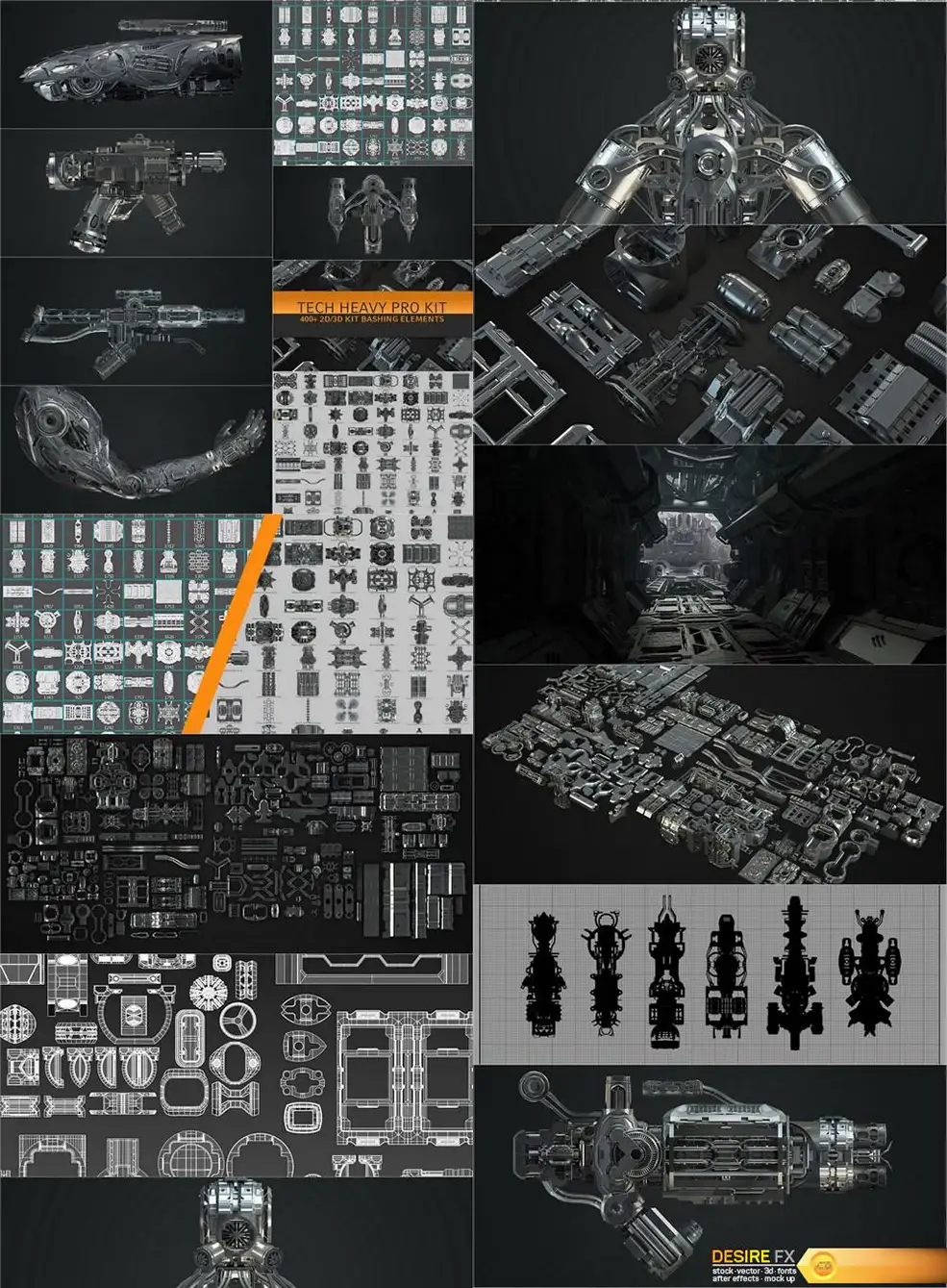 400套抽象科幻概念机械3D模型 Gumroad – Tech Heavy Pro Kit (400+ 2d-3d Elements)