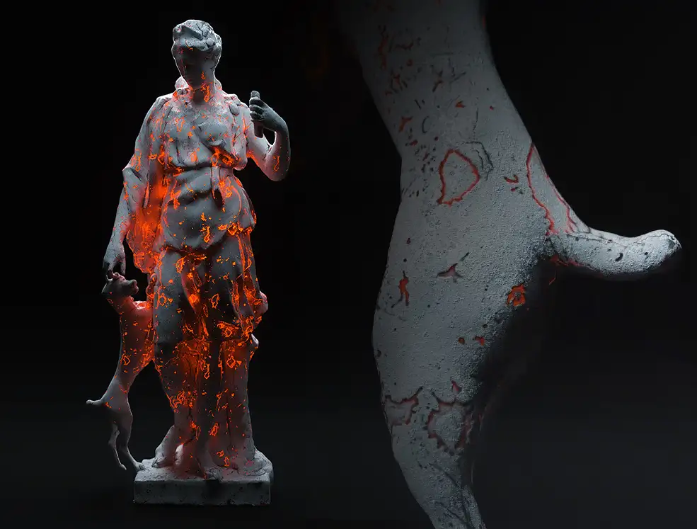 C4D实用工程第595季：燃烧的戴安娜雕塑动画C4D工程 C4D Project[Cinema4D - Octane]