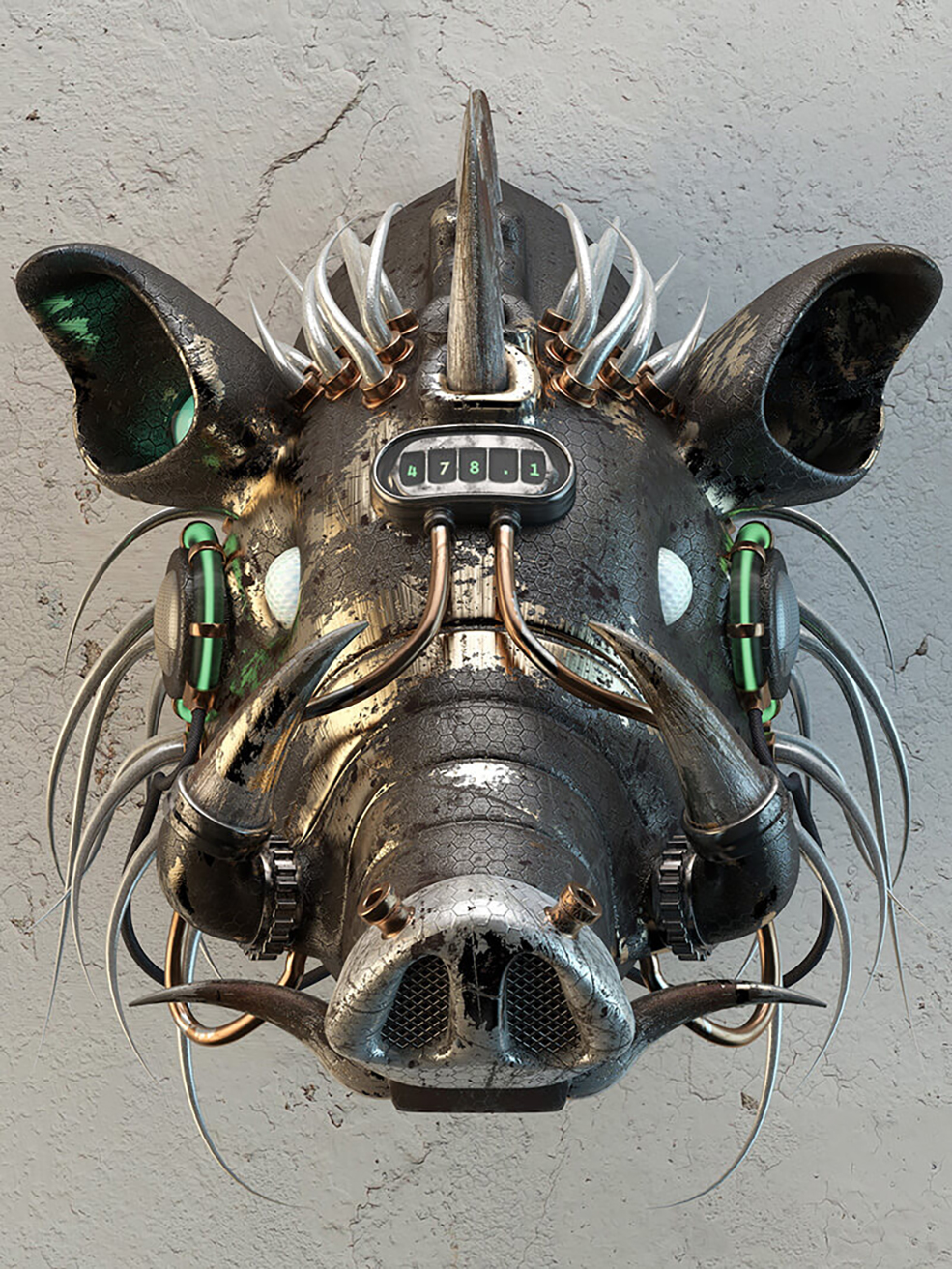 C4D野猪机械科幻盔甲 野猪蒸汽朋克创意模型 Steampunk Boar Banner