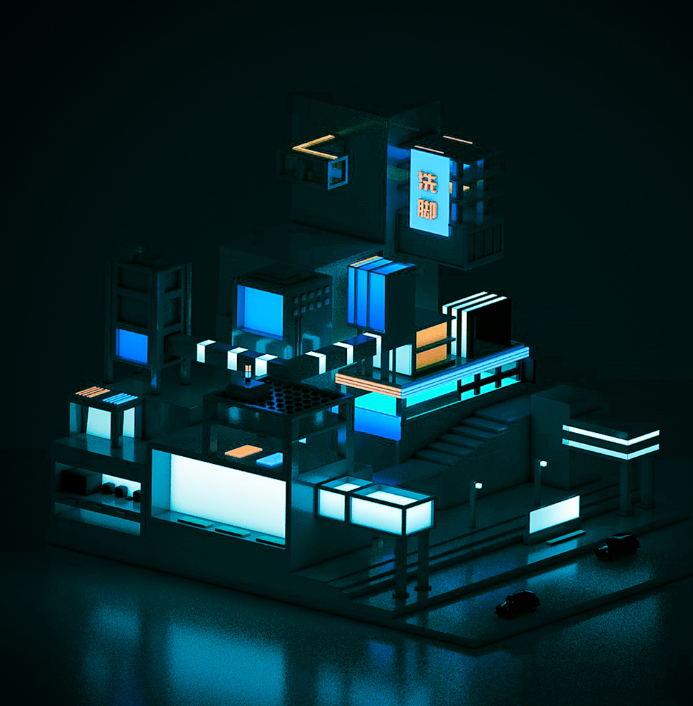 C4D抽象城市夜景模型工程（S387-小黑 原创作品）