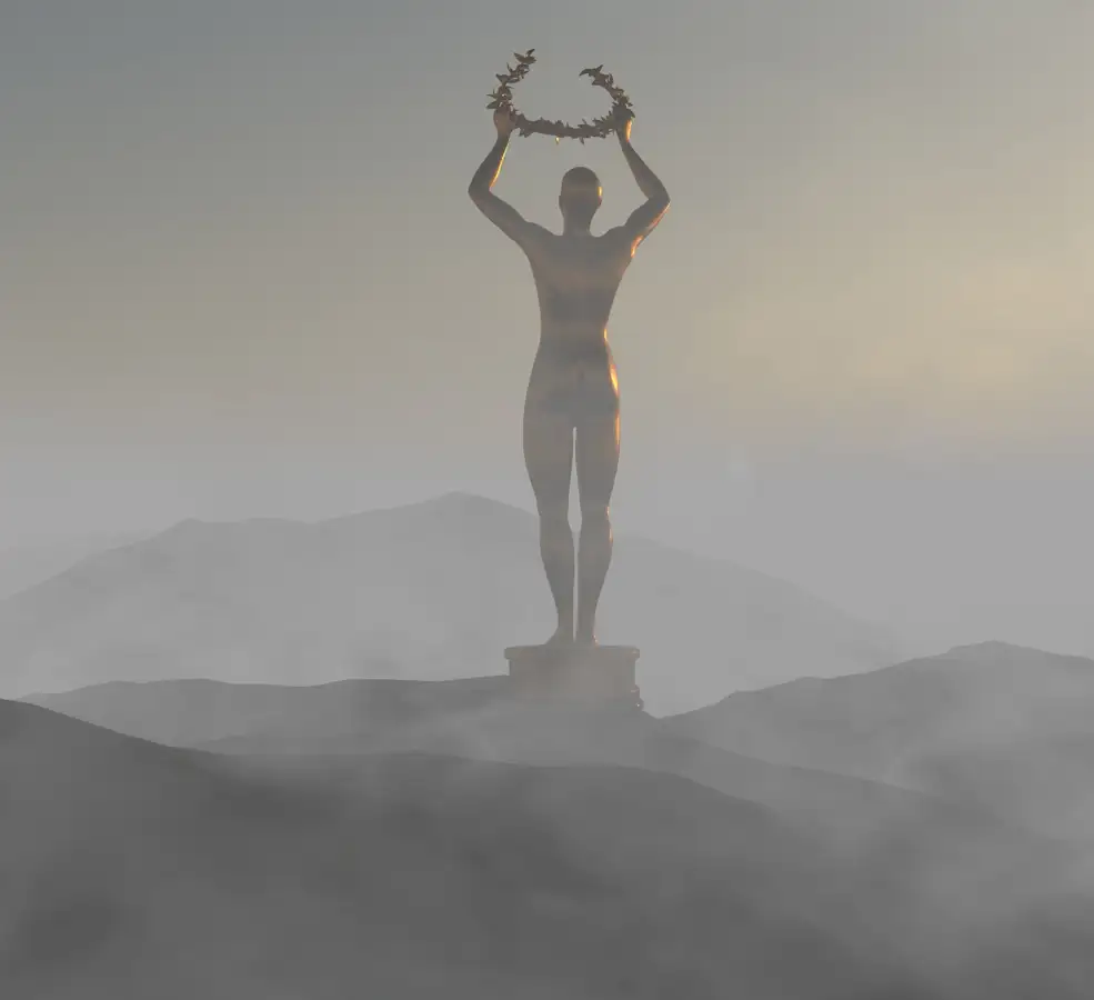 C4D烟雾缭绕的山上手举桂冠的铜像工程fog statue project