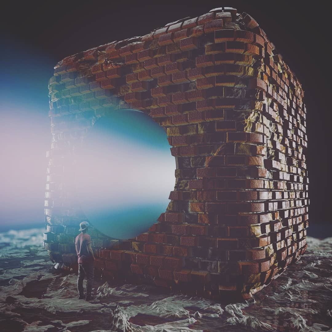 C4D发射光线的红砖方型建筑 MAYA MASONRY