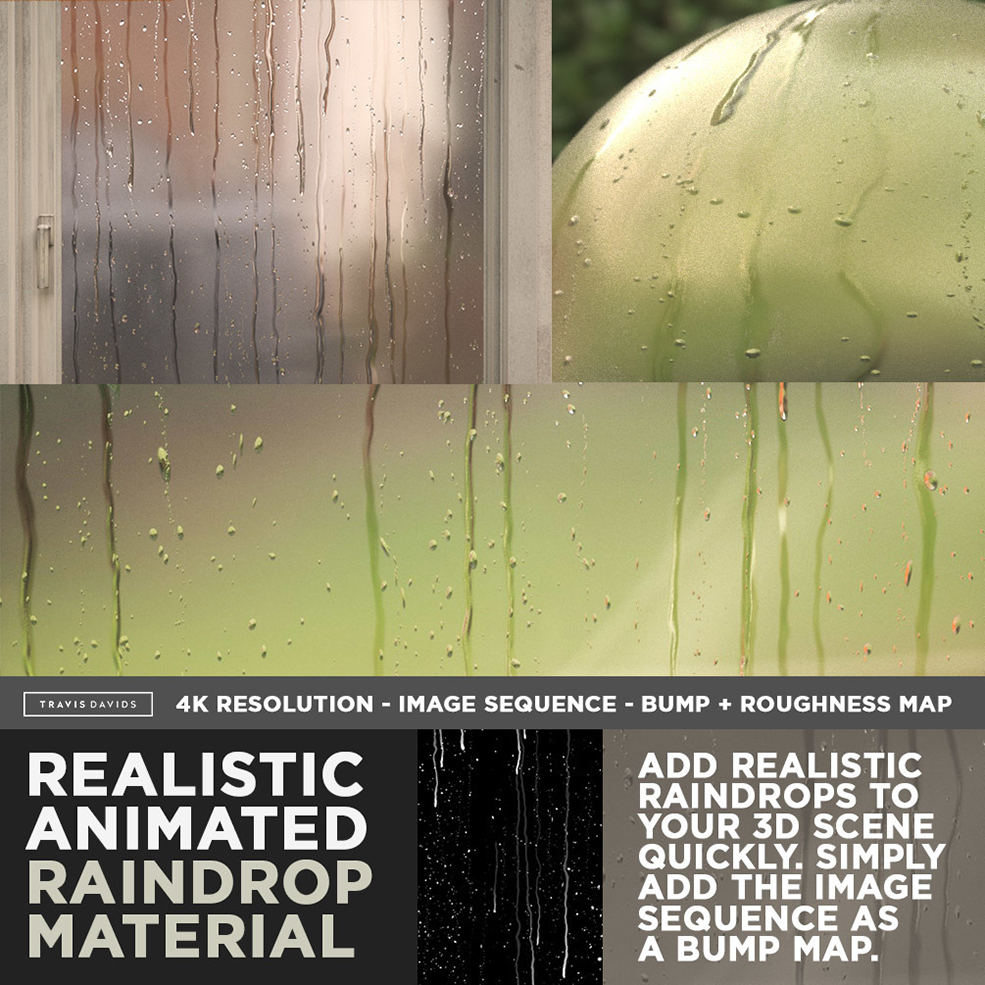 逼真的玻璃高精度雨滴序列图素材 Realistic Animated Raindrop Material - C4D之家 - RAINDROP_gumroad_mainimage.jpg