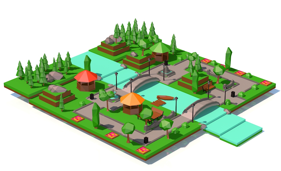 低面多边形卡通公园C4D模型 Park