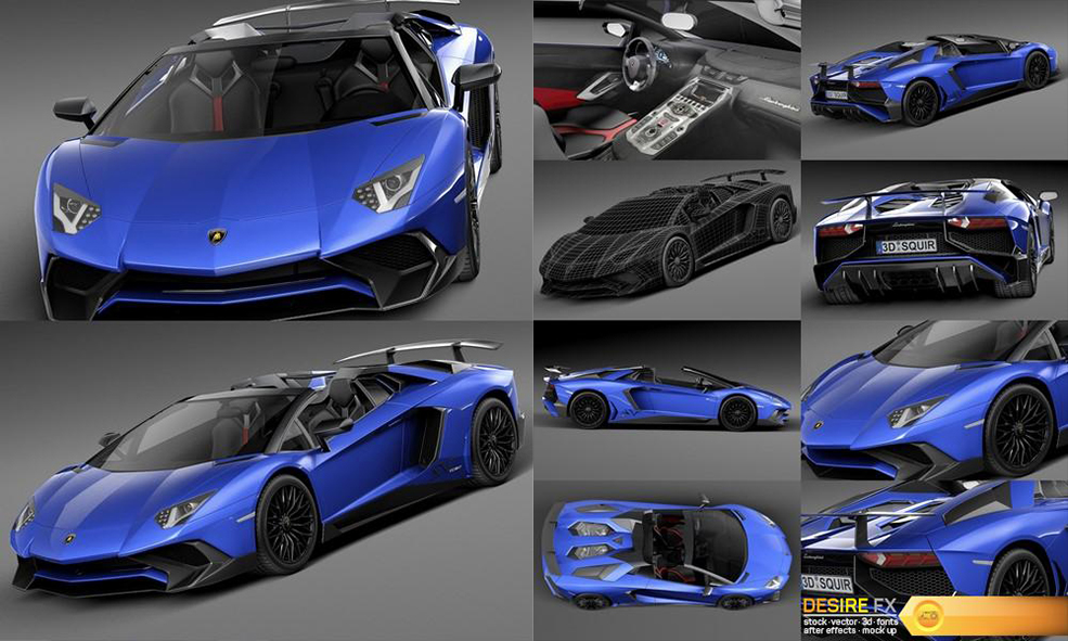 蓝色兰博基尼跑车C4D模型 Lamborghini Aventador LP750-4 SV Roadster 2016